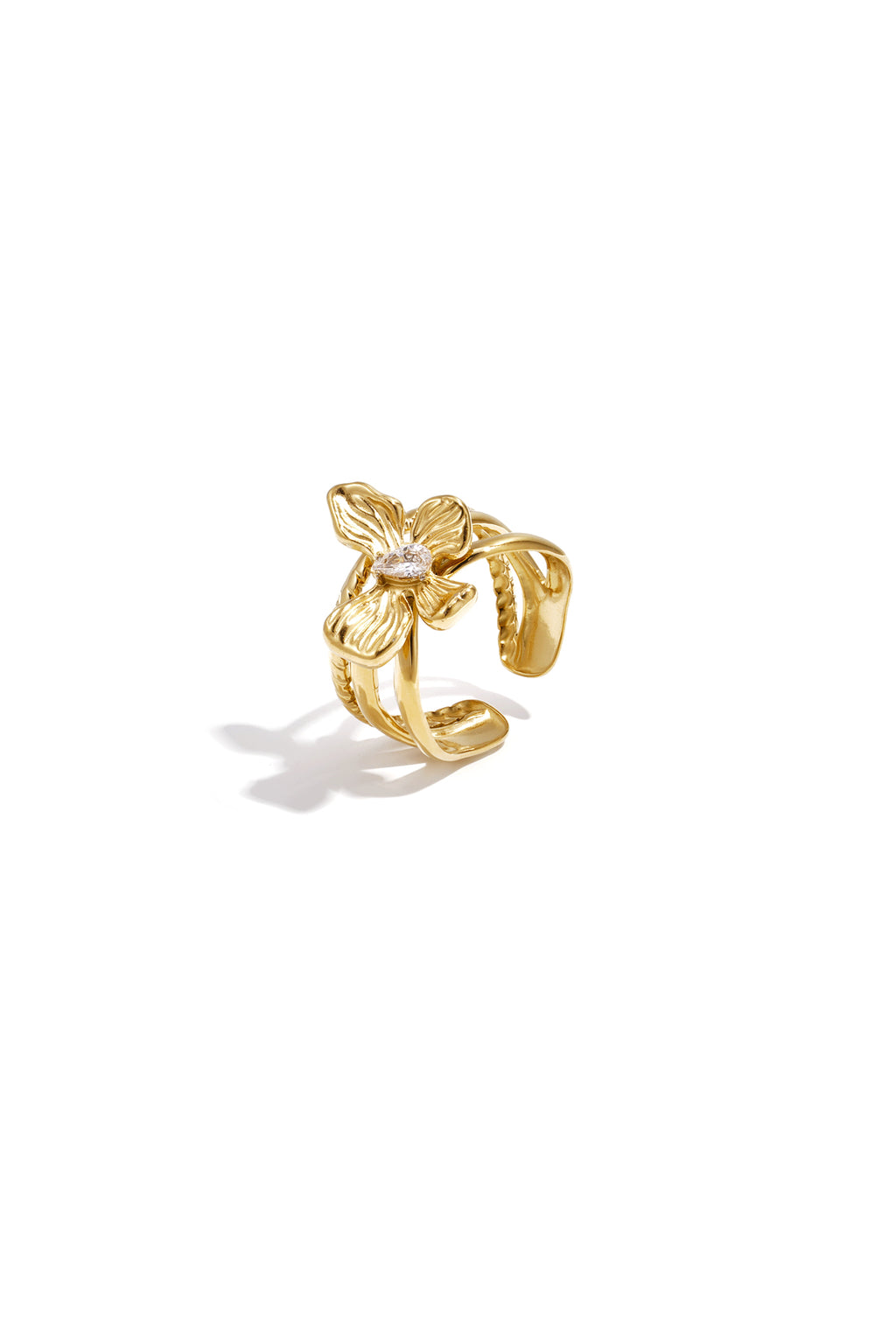Layered statement ring with flower and stone
